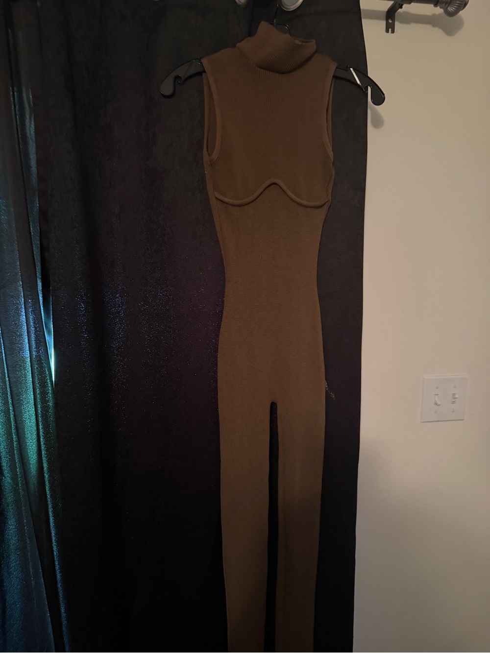 Sleeveless Turtleneck Knit Jumpsuit in Olive Brown